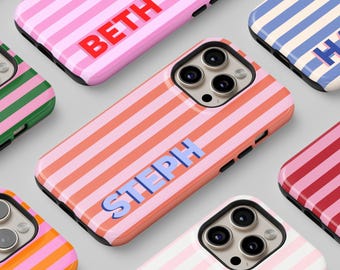 Custom Name Phone Case Personalized Stripes Aesthetic Shadow Tough Case iPhone 17 16 15 14 Pro Max MagSafe Pixel 10 9 S25 S24 S23 S22
