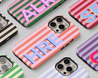 Etui na telefon z monogramem, inicjały cienia, paski retro, modne i estetyczne, iPhone 17 16 15 14 Pro Max, MagSafe, Pixel 9 8 7, S24, S23, S22