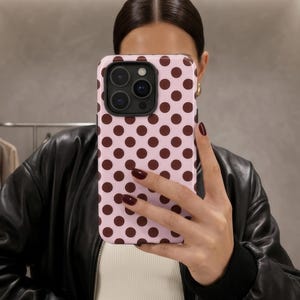 Pink Polka Dot Phone Case, Burgundy Tough Cover for iPhone 17 + MagSafe, Dual Layer Retro Design, Cute Preppy Gift for Teen Girl