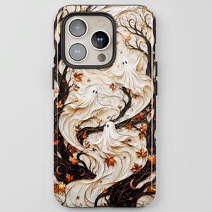 May include: A smartphone case featuring a cream-colored background with a swirling pattern of white ghosts, dark brown leafless tree branches, and scattered orange autumn leaves. The design includes small crescent moons and star-like accents.