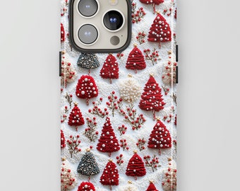 Telefoonhoesje rood-witte kerstbomen: 3D-geborduurd effect voor iPhone + MagSafe, Pixel Samsung