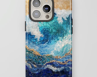 Beach Mosaic Phone Case, Ocean Faux Stained Glass, Sand & Waves, Blue and Gold, iPhone MagSafe Pixel Samsung Pro Ultra, Ocean Lover Gift