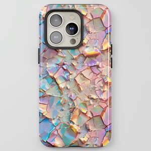 May include: A phone case featuring a colourful iridescent cracked crystal pattern. The case has a black border and a camera cutout.