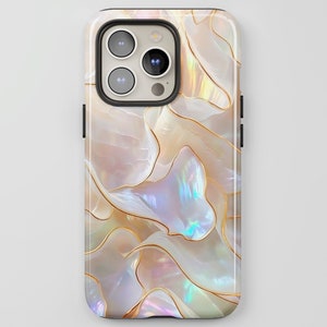 May include: A phone case with a pearlescent, abstract design. The case has a white and iridescent pattern with gold-coloured outlines. The phone case has a black border and camera housing.