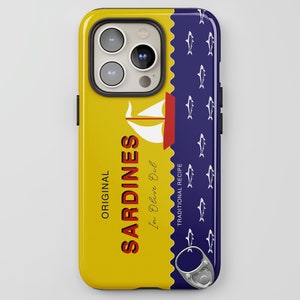 Coque de portable rétro en boîte de sardines, design nautique jaune et bleu, drôle et unique, cadeau amusant pour les amateurs de cuisine, iPhone, Pixel, Samsung