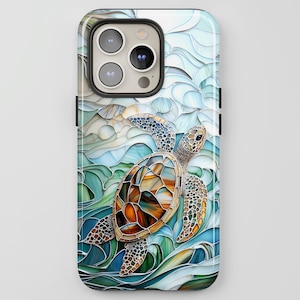 Coque de portable en vitrail tortue de mer, jolie coque de portable motif océan mosaïque en faux verre, iPhone 16, Pixel 9, Samsung S25, cadeau pour les amoureux de l'océan