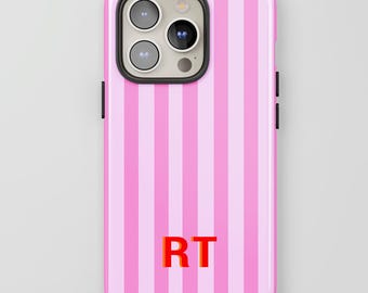 Pink Monogram Phone Case Personalized Stripes Aesthetic Custom Initials iPhone 16 15 14 13 Pro Max MagSafe Pixel 9 8 7 S25 S24 S23