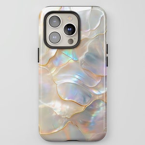 Unique Pearl Phone Case Faux 3D Iridescent Mother of Pearl Mosaic Phone Case Artsy iPhone 13 14 15 16 Pro Max Tough Case Pixel 6 7 8 S23 S24