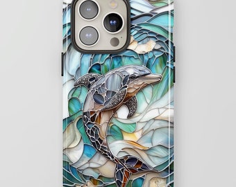 Stained Glass Dolphin Phone Case, Cute Faux Glass Mosaic Ocean Design Phone Cover, iPhone 16, Pixel 8, Samsung S24, Ocean Lover Gift