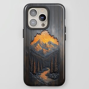 Etui na telefon Mountain River: imitacja rzeźbionego drewna z nadrukiem natury