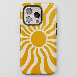 May include: A smartphone case featuring a graphic pattern of a central yellow circle with radiating wavy yellow lines against a cream-colored background. The case has a rectangular cutout at the top left for the camera lenses and flash.