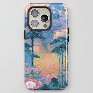 May include: A phone case with a landscape design depicting a lake, trees, and mountains. The artwork uses blues, pinks, and yellows, creating a tranquil aesthetic. The case has a glossy finish. The design evokes a sense of peace.