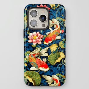 Telefoonhoesje koivissen bloemen, Japanse lotus en vis, natuurliefhebber cadeau, iPhone 16 15 14 13 Pro Max MagSafe, Pixel 9 8 7, Samsung S24 S23 S22