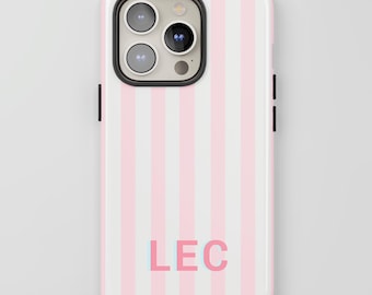 Pink Monogram Phone Case Custom Stripes Personalized Initials Christmas Gift iPhone 17 16 15 14 Pro Max MagSafe Pixel 10 9 S25 S24