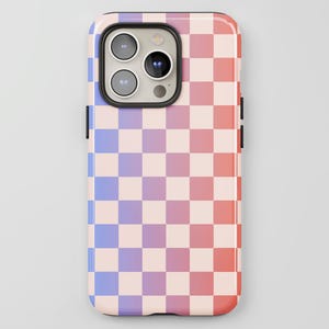 May include: A smartphone case featuring a chequered pattern. The squares transition from light pink to coral and light blue to purple. The case has a black border and a camera cutout.