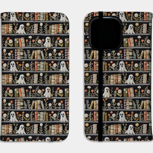 Jolie coque de portable fantômes livresques, fausse broderie fantasmagorique, fantaisiste Halloween pour iPhone 16 15 14 Pro Max, cadeau pour amoureux des livres Samsung S24 Ultra