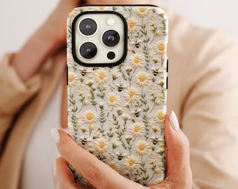 Cover per telefono con motivo floreale a forma di ape: design con margherite ricamate in stile finto.