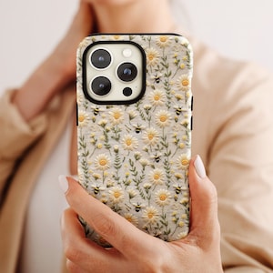 Frühling Hummel Handyhülle | Faux Stickerei niedlichen Blumenmuster Bienen Handyhülle für iPhone Pixel Samsung S24 | Bienen-Liebhaber-Geschenk | Margeriten Blumen