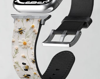 Floral Bumble Bee Apple Watch Band: Faux Embroidery Design