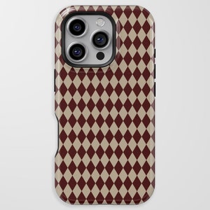 Étui de téléphone vintage à motif arlequin, esthétique rétro à imprimé diamants, bordeaux et beige minimalistes, style années 70 pour iPhone 16 15 14 Pro Max, Android