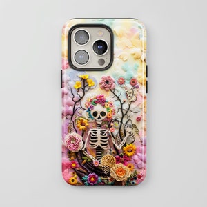 Floral Skeleton Phone Case: Embroidered Look Charm Cover for iPhone + MagSafe, Pixel & Models