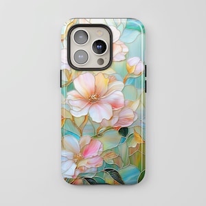 Stained Glass Flowers and Gold Phone Case, Cute Summer Design Cover, iPhone Pro Max MagSafe Samsung Plus Ultra Pixel, Trendy Gift for Her