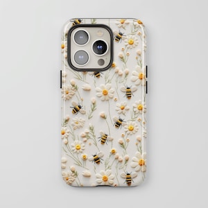 Spring Bee Handyhülle | Faux Stickerei niedlichen Blumen Hummeln Handyhülle für iPhone Pixel Samsung S25 | Bienen-Liebhaber-Geschenk | Margeriten Blumen
