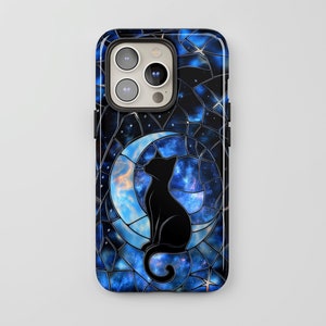 天空のハロウィン猫ステンドグラス電話ケース、不気味な黒猫電話カバー、iPhone MagSafe Google Pixel Samsung Galaxy、彼女へのギフト