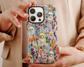 Skeletons in Bloom Phone Case: Vintage Floral Embroidered Look for iPhone 17 + MagSafe, Pixel