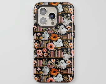 Bookish Ghosts Phone Case, Spooky Faux Embroidery, Whimsical Halloween iPhone 16 MagSafe, Pixel 8 Pro Samsung S24 Ultra Cute Book Lover Gift