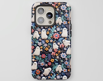 Cute Clay Ghosts & Flowers Phone Case: Spooky Halloween Cover Faux 3D effect for iPhone 17 16 15 14 MagSafe, Pixel 9 8 7 s25 s24 s23