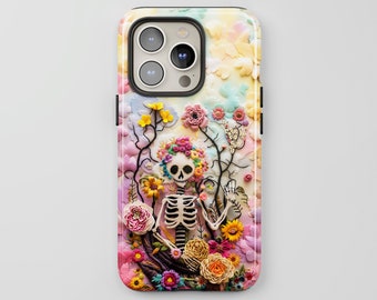 Floral Skeleton Phone Case: Embroidered Look Charm Cover for iPhone + MagSafe, Pixel & Models