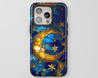 Funda para teléfono con diseño de luna y estrellas en vidrieras: diseño de cielo nocturno celestial.