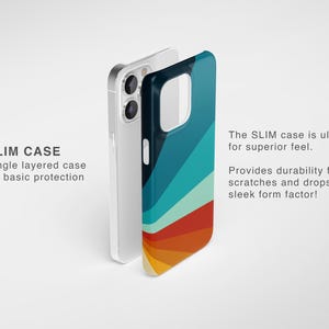 May include: A slim phone case featuring a multi-colored radial stripe pattern in shades of dark blue, teal, light blue, red, orange, and yellow. The text SLIM CASE Single layered case for basic protection and The SLIM case is ultra thin for superior feel. Provides durability from scratches and drops in a sleek form factor! is visible.