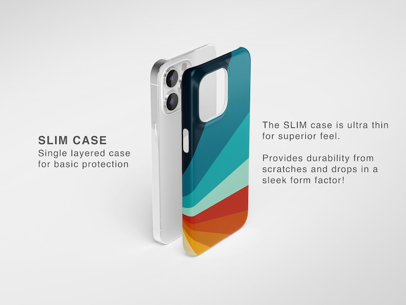 May include: A slim phone case featuring a multi-colored radial stripe pattern in shades of dark blue, teal, light blue, red, orange, and yellow. The text SLIM CASE Single layered case for basic protection and The SLIM case is ultra thin for superior feel. Provides durability from scratches and drops in a sleek form factor! is visible.