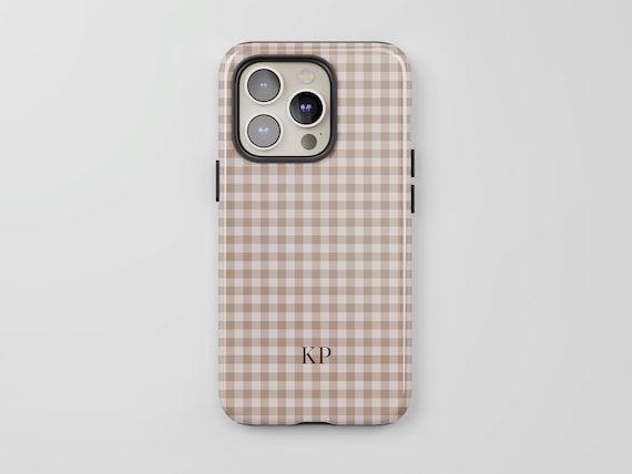Personalized Monogram Phone Case Brown Gingham Initials iPhone 17 16 15 14 Pro Max, S25 S24 S23, Pixel 9 8 7 Cute Gift Idea