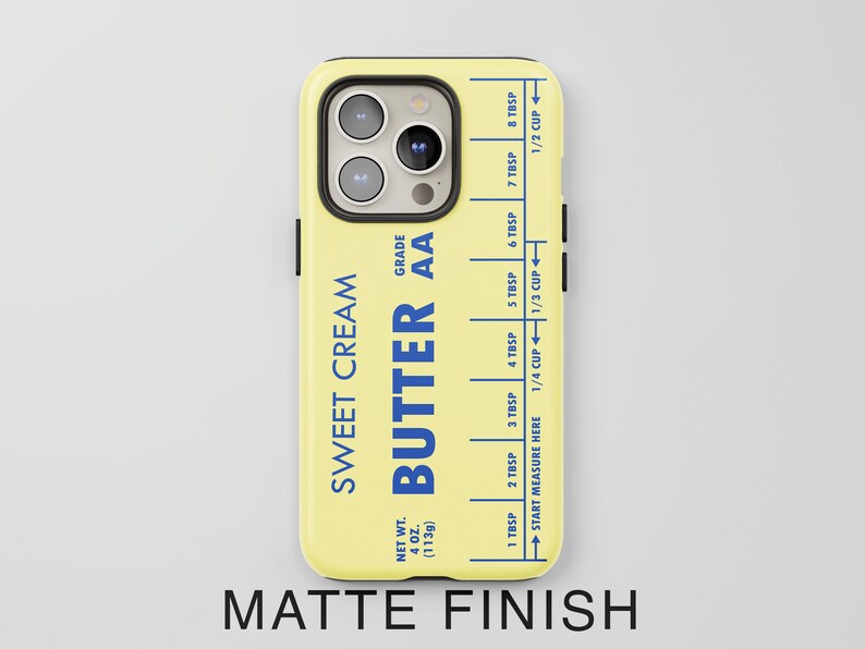 May include: A yellow phone case with a design that looks like a stick of butter. The design includes the text "Sweet Cream" and "Butter AA" with a measurement guide in tablespoons and cups.