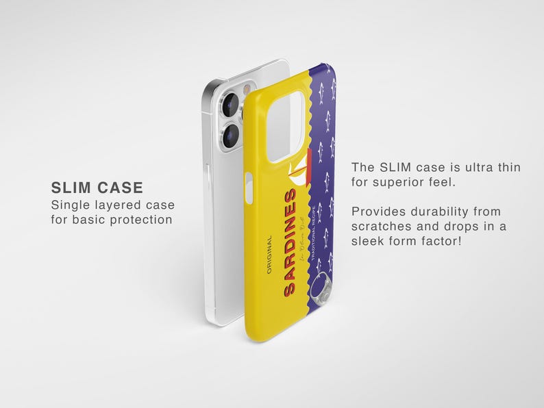 May include: A yellow phone case with a blue and white design featuring the text "ORIGINAL SARDINES". The case is designed to fit a smartphone with a camera bump.