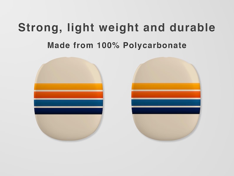 May include: Two beige, oval-shaped objects with horizontal stripes in yellow, orange, and blue. The text above reads "Strong, light weight and durable. Made from 100% Polycarbonate."