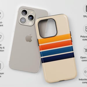 May include: A dual-layer phone case featuring a cream background with horizontal stripes in orange, red, and blue, shown alongside a smartphone. The case includes a polycarbonate outer shell, a TPU liner, open ports, and is induction charger compatible.