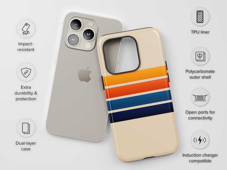 May include: A dual-layer phone case featuring a cream background with horizontal stripes in orange, red, and blue, shown alongside a smartphone. The case includes a polycarbonate outer shell, a TPU liner, open ports, and is induction charger compatible.