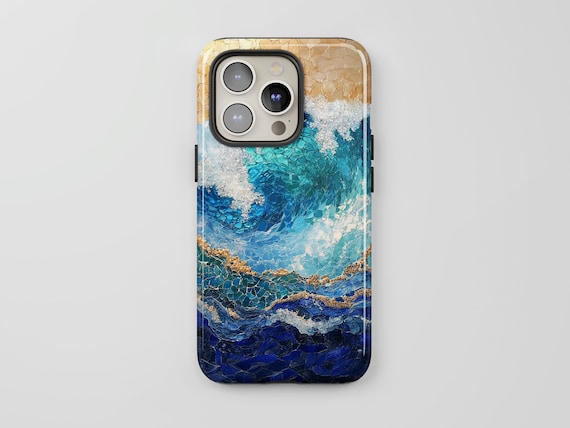 Beach Mosaic Phone Case: Ocean Waves, Faux Stained Glass for iPhone + MagSafe, Pixel