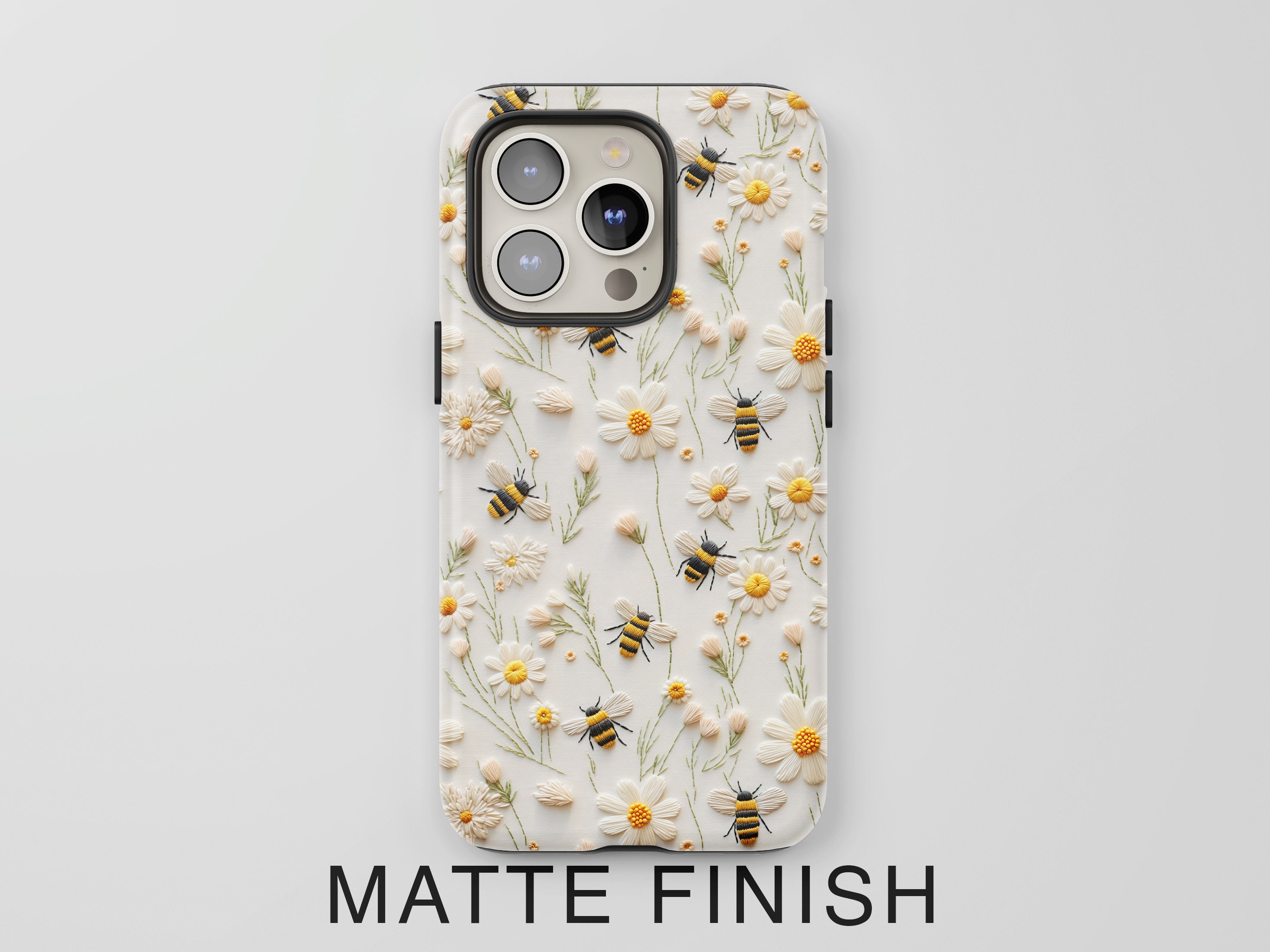 Spring Bee Phone Case | Faux Embroidery Cute Floral Bumble Bees Phone Cover For iPhone Pixel Samsung S24 | Bee Lover Gift | Daisies Flowers