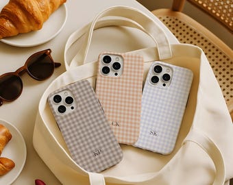 Personalized Monogram Phone Case Cute Gingham Initials iPhone 17 16 15 14 Pro Max, S26 S25 S24 S23, Pixel 9 8 7 Trendy Gift Idea