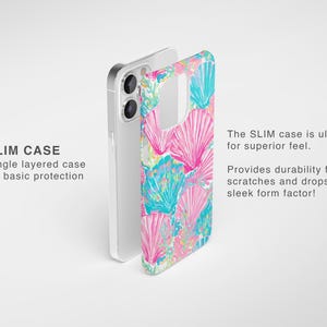 May include: A slim phone case with a colorful seashell pattern in pink, blue, and green. The case is shown next to a silver phone. The text on the image says "SLIM CASE" and "Single layered case for basic protection."