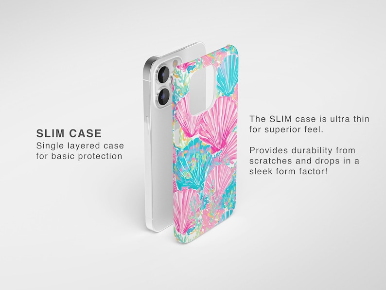 May include: A slim phone case with a colorful seashell pattern in pink, blue, and green. The case is shown next to a silver phone. The text on the image says "SLIM CASE" and "Single layered case for basic protection."