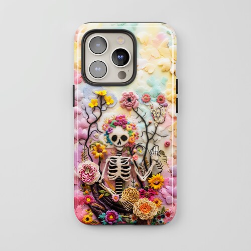 Floral Skeleton Phone Case: Embroidered Look Charm Cover for iPhone + MagSafe, Pixel & Models