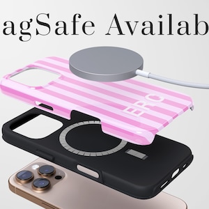 May include: A pink and white striped phone case with the letters ERO, shown in an exploded view above a gold smartphone. A grey circular magnetic charger is positioned above the case, with the text MagSafe Available at the top of the image.
