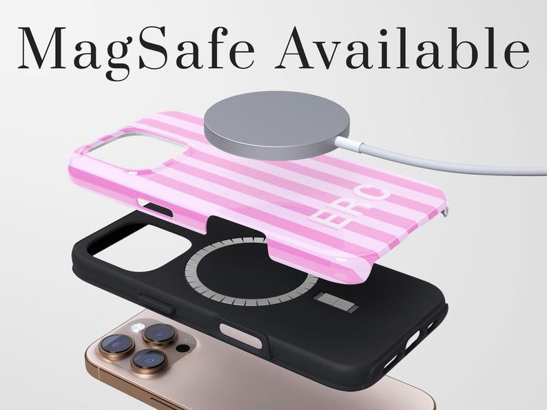 May include: A pink and white striped phone case with the letters ERO, shown in an exploded view above a gold smartphone. A grey circular magnetic charger is positioned above the case, with the text MagSafe Available at the top of the image.