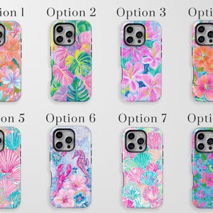 May include: Eight phone cases with colorful floral, seashell, and tropical designs. Options include pink, orange, and blue floral patterns, green and pink tropical leaves, and seashell and seahorse motifs. The text "Option" and a number are above each case.